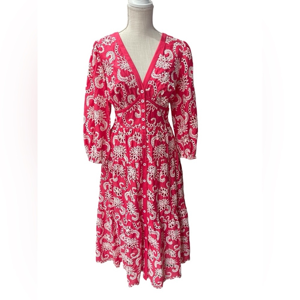 Shoshanna Sicily Tiered Eyelet Embroidered Midi Dress Raspberry Ivory Size 12